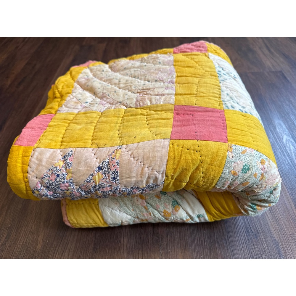 Vintage 1930-50s Grandma Made Cutter Quilt Flour Sack Cotton 80x71 Patchwork - Picture 11 of 11